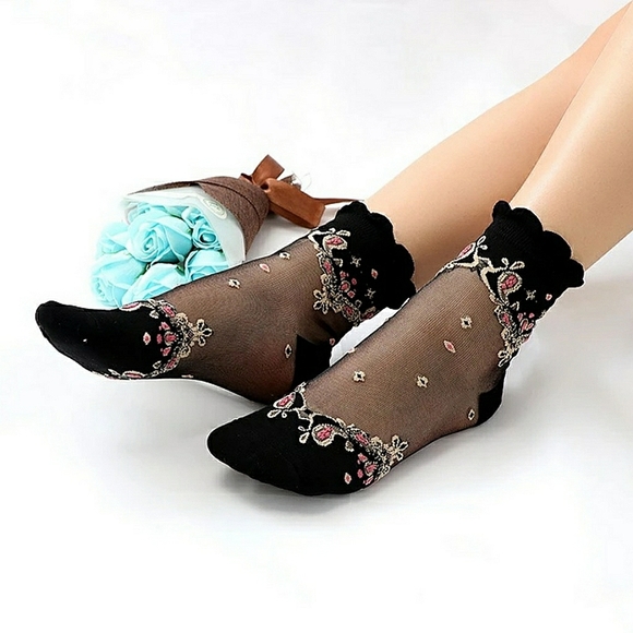 Other - 🚨LAST PAIR🚨 2 for $20 Bridgerton Style Embroidered Sheer Lace Socks